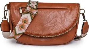 Leather Fanny Pack Crossbody Sling Bags for Women Vintage Shoulder Chest Bag with Guitar Strap Designer Waist Belt Bag (Brown)