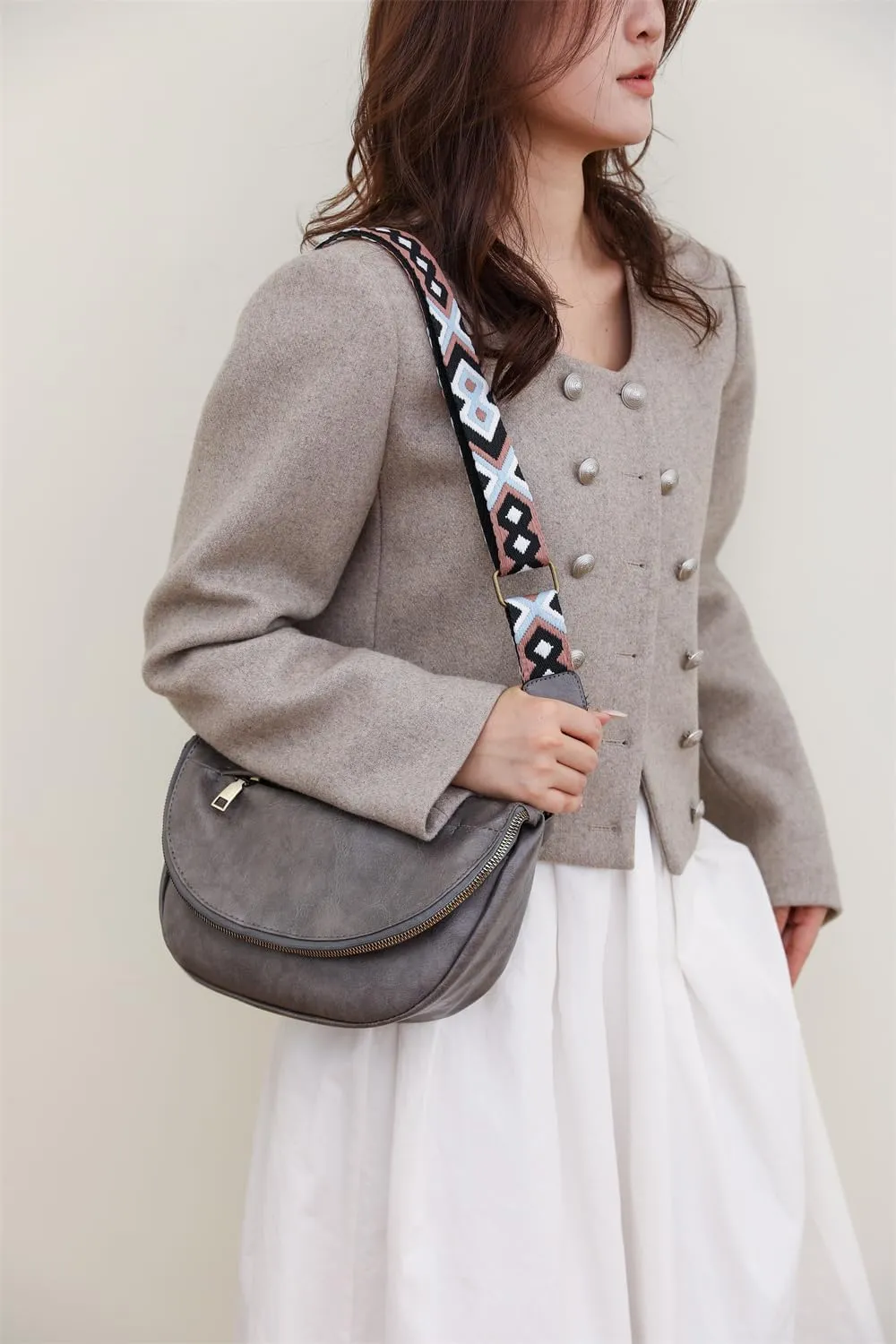 Leather Fanny Pack Crossbody Sling Bags for Women Vintage Shoulder Chest Bag with Guitar Strap Designer Waist Belt Bag (Grey)