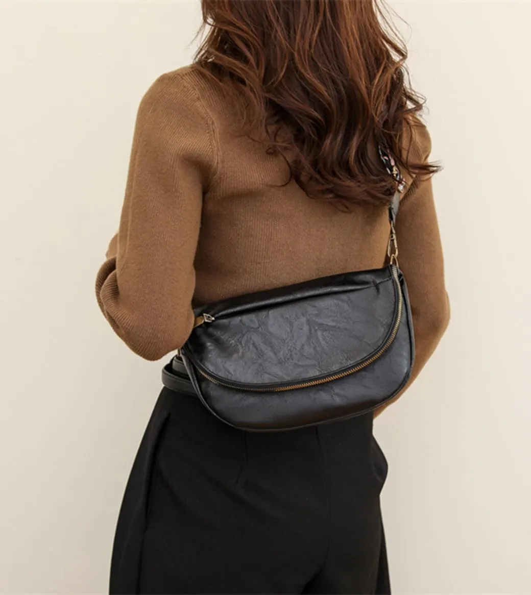 Leather Fanny Pack Crossbody Sling Bags for Women Vintage Shoulder Chest Bag with Guitar Strap Designer Waist Belt Bag (Grey)