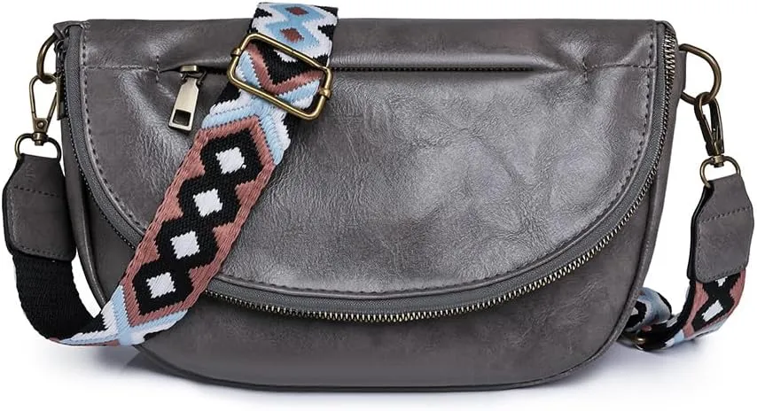 Leather Fanny Pack Crossbody Sling Bags for Women Vintage Shoulder Chest Bag with Guitar Strap Designer Waist Belt Bag (Grey)