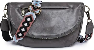 Leather Fanny Pack Crossbody Sling Bags for Women Vintage Shoulder Chest Bag with Guitar Strap Designer Waist Belt Bag (Grey)
