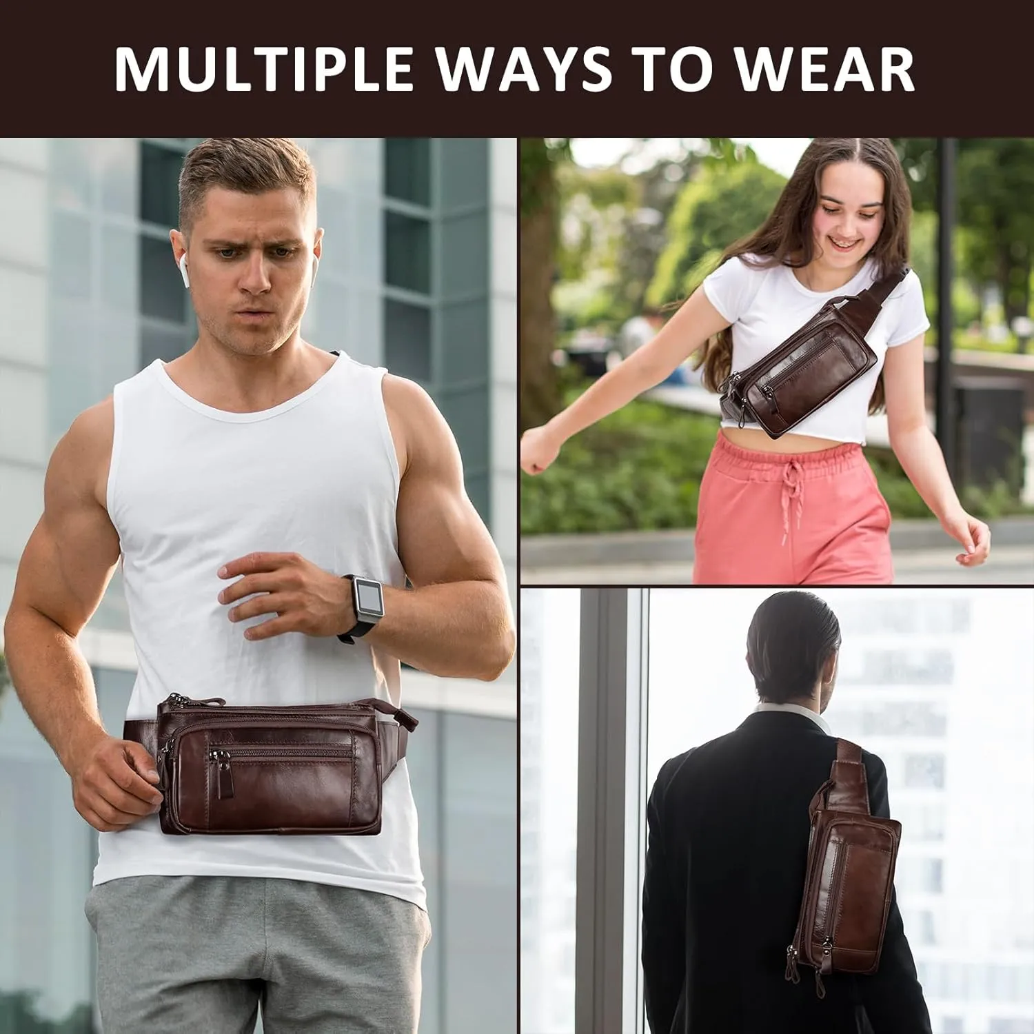 Leather Fanny Pack for Men Women, Belt Bag Fashion Waist Packs Small Crossbody Bag with Adjustable Strap for Travel Sport Walk (Coffee)