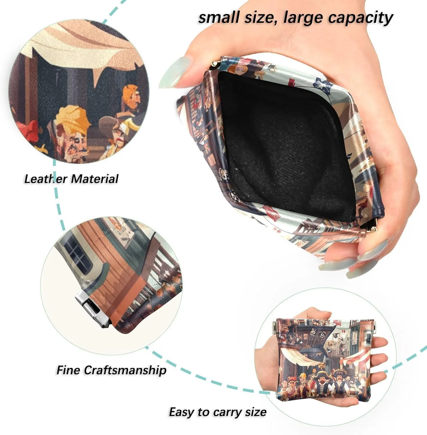 Leather Squeeze Coin Purse Coin Pouch Bag Wallet Small Coin Change Holder for Women Girl Brown Pirate Theme Mardi Gras