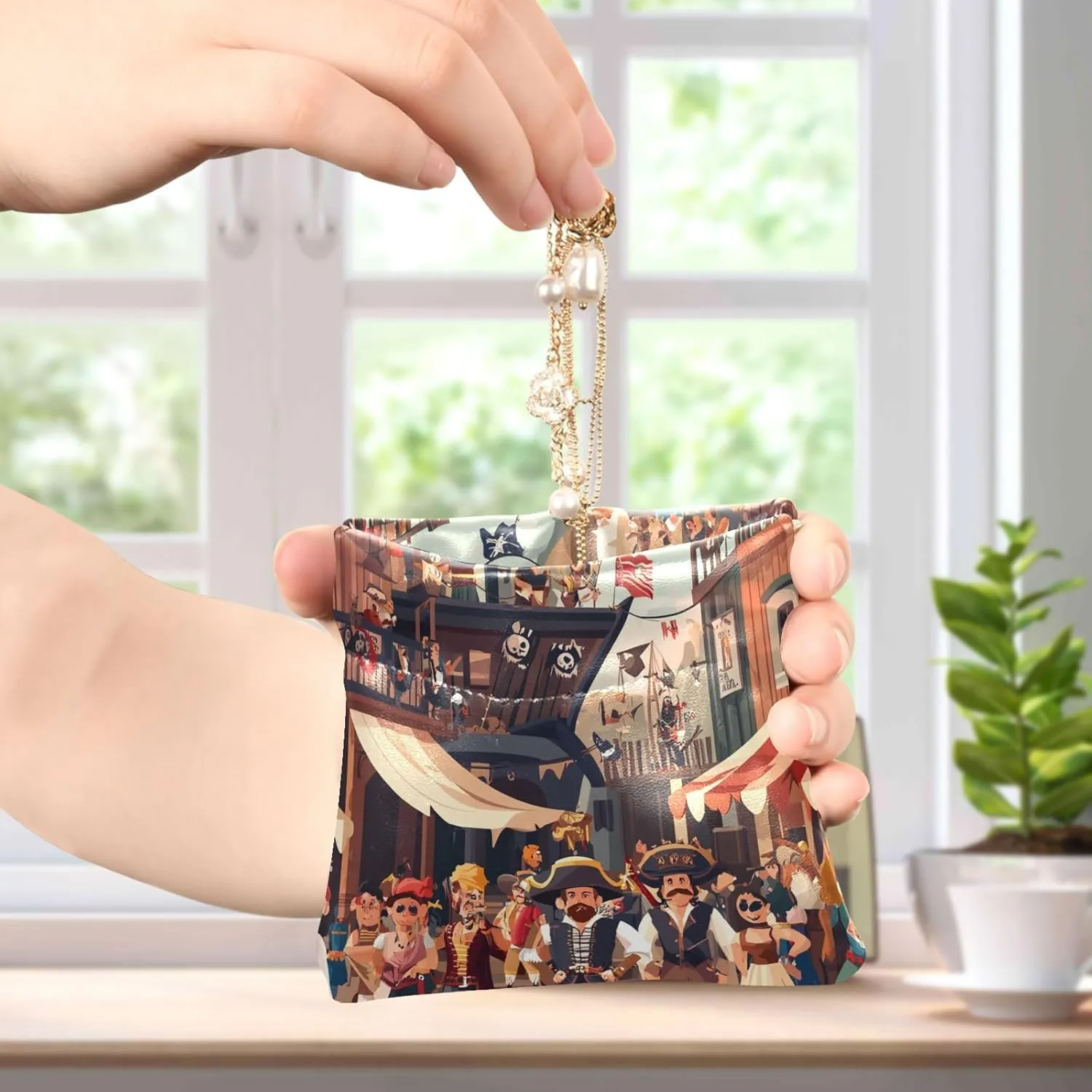 Leather Squeeze Coin Purse Coin Pouch Bag Wallet Small Coin Change Holder for Women Girl Brown Pirate Theme Mardi Gras