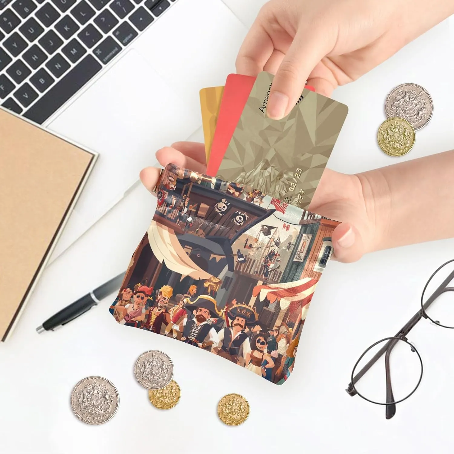 Leather Squeeze Coin Purse Coin Pouch Bag Wallet Small Coin Change Holder for Women Girl Brown Pirate Theme Mardi Gras