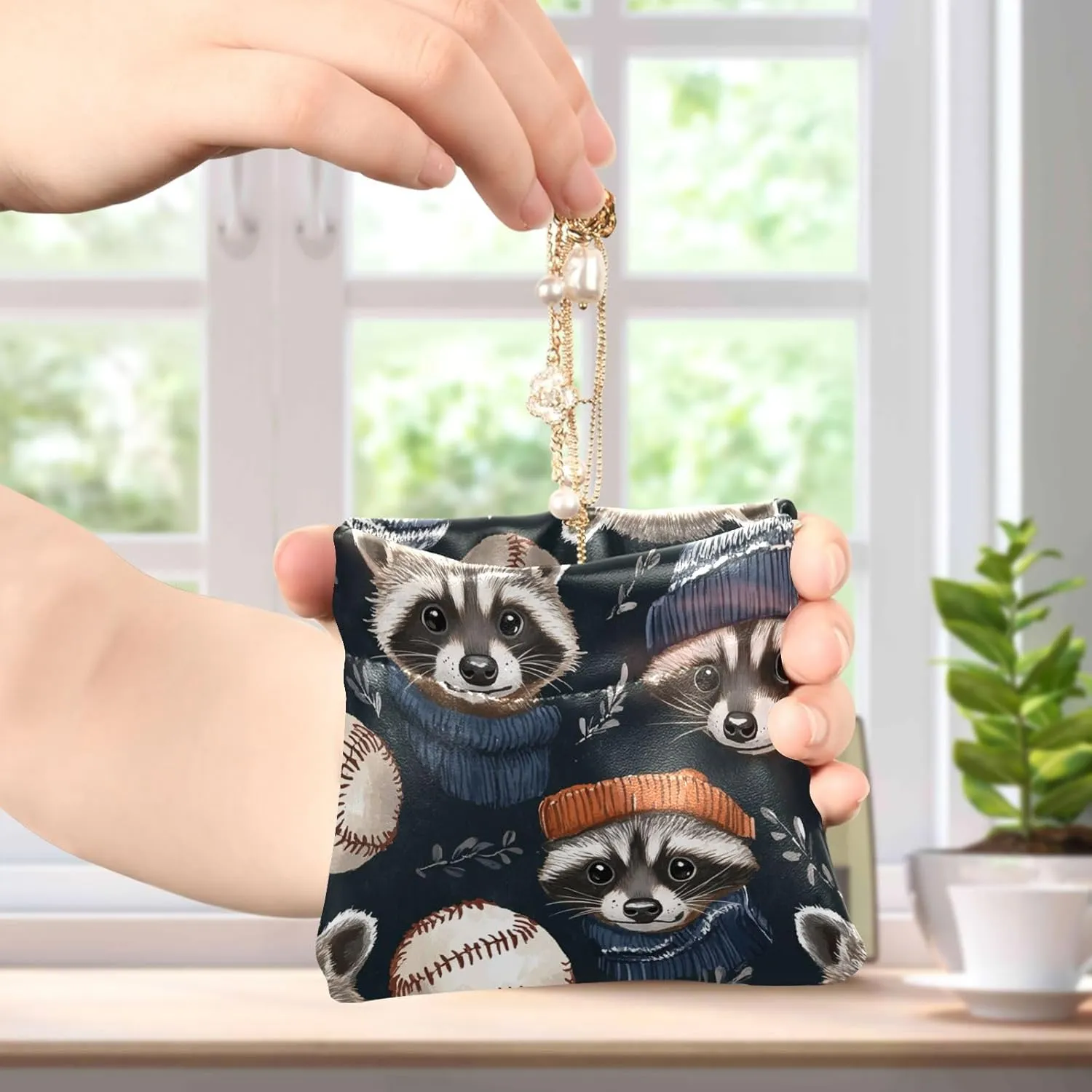 Leather Squeeze Coin Purse Coin Pouch Bag Wallet Small Coin Change Holder for Women Girl Raccoon Sporty Chic Baseball Black