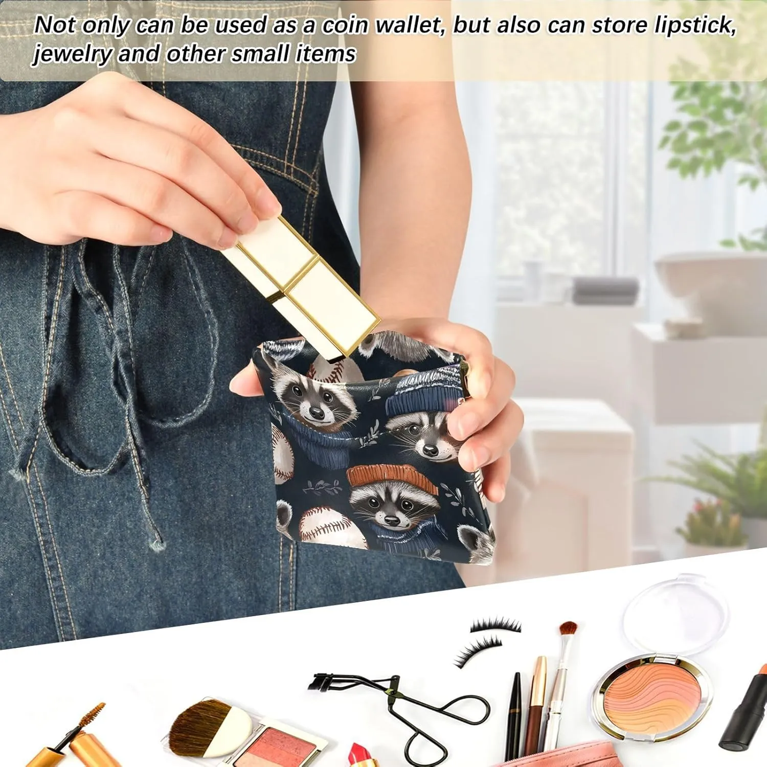 Leather Squeeze Coin Purse Coin Pouch Bag Wallet Small Coin Change Holder for Women Girl Raccoon Sporty Chic Baseball Black