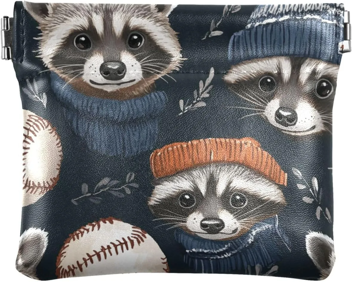 Leather Squeeze Coin Purse Coin Pouch Bag Wallet Small Coin Change Holder for Women Girl Raccoon Sporty Chic Baseball Black