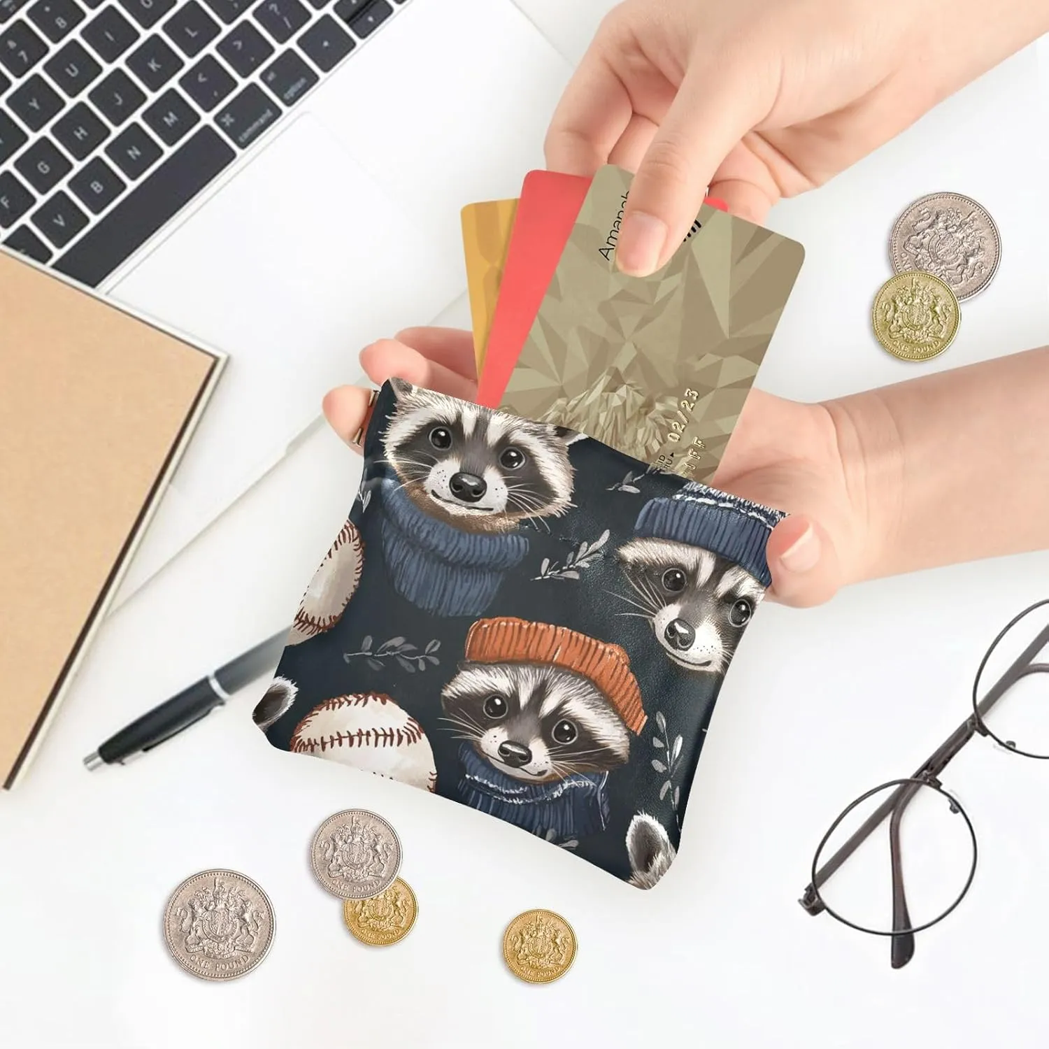 Leather Squeeze Coin Purse Coin Pouch Bag Wallet Small Coin Change Holder for Women Girl Raccoon Sporty Chic Baseball Black