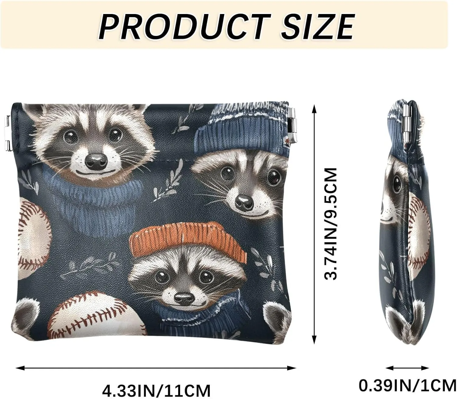 Leather Squeeze Coin Purse Coin Pouch Bag Wallet Small Coin Change Holder for Women Girl Raccoon Sporty Chic Baseball Black