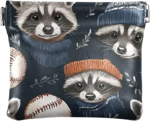 Leather Squeeze Coin Purse Coin Pouch Bag Wallet Small Coin Change Holder for Women Girl Raccoon Sporty Chic Baseball Black