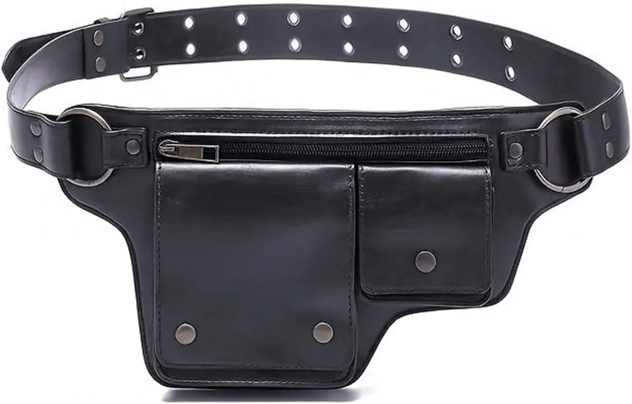 Leather waist bag punk style waist bag, vintage PU leather waist bag, outdoor sports travel fashion waist bagtactical waist packcarhartt belt bag, black
