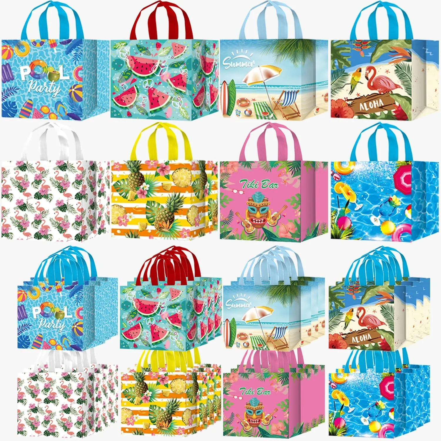LECONCES Hawaii Summer Party Gift Bags, 24Pcs Pool Party Favors Gift Bags Hawaiian Luau Non Woven Gift Bags with Handles Tiki Reusable Tote Bags Aloha Tropical Themed Bags for Pool Party Supplies
