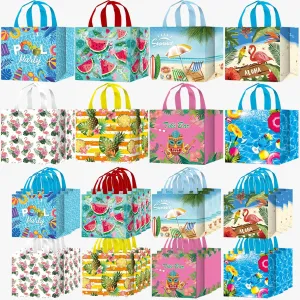 LECONCES Hawaii Summer Party Gift Bags, 24Pcs Pool Party Favors Gift Bags Hawaiian Luau Non Woven Gift Bags with Handles Tiki Reusable Tote Bags Aloha Tropical Themed Bags for Pool Party Supplies