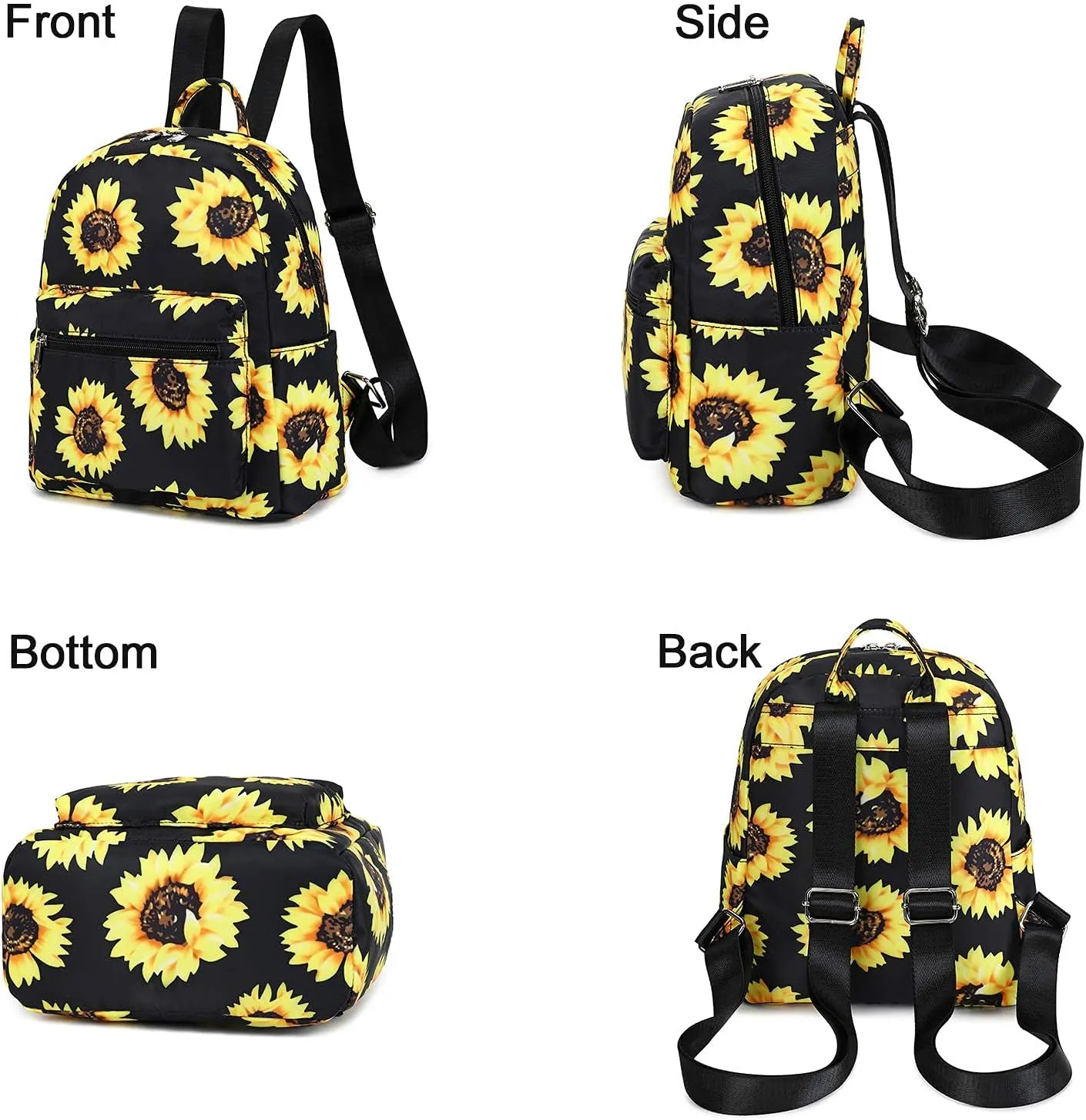 LEDAOU Mini Backpack Girls Cute Small Backpack Purse for Women Teens Kids School Travel Shoulder Purse Bag (Black Sunflower, 1 Pcs)