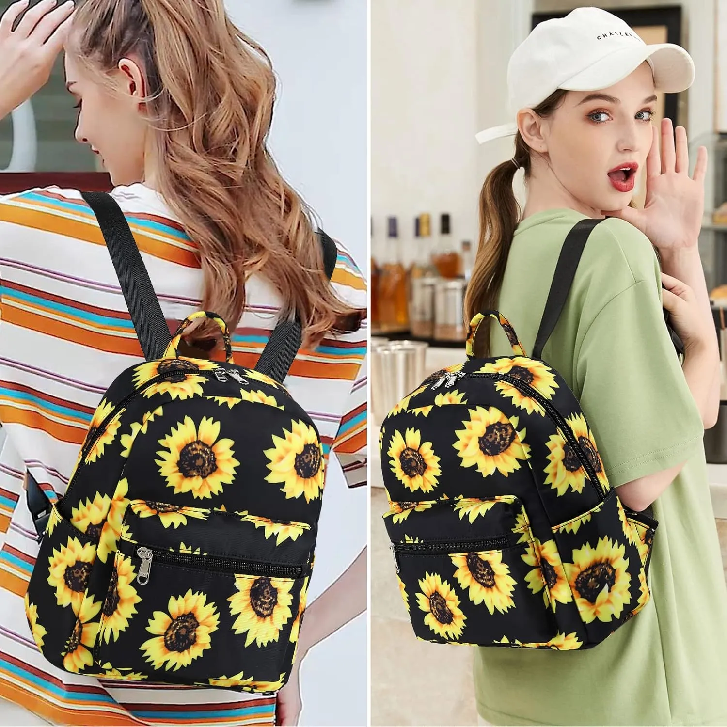 LEDAOU Mini Backpack Girls Cute Small Backpack Purse for Women Teens Kids School Travel Shoulder Purse Bag (Black Sunflower, 1 Pcs)
