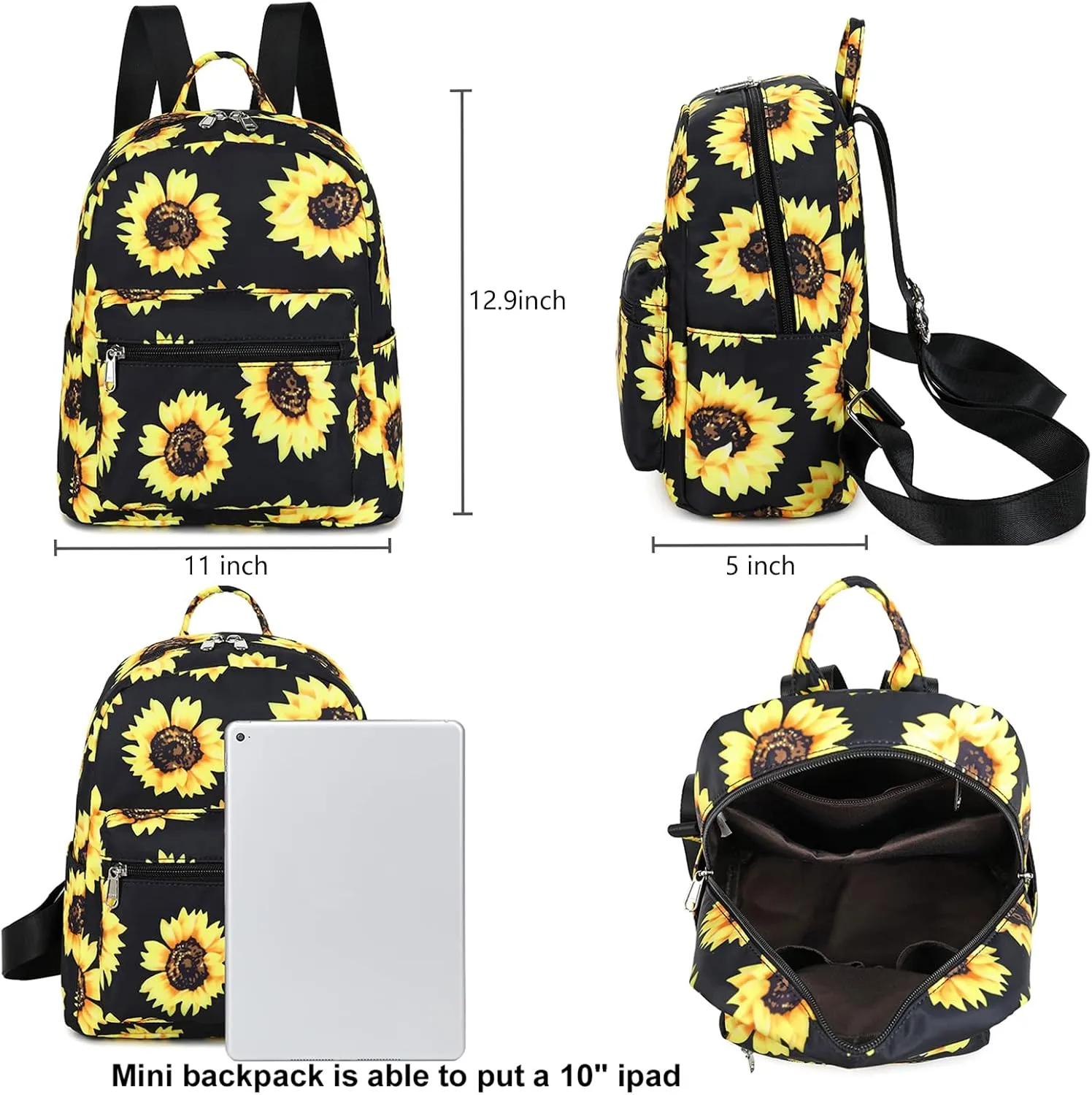 LEDAOU Mini Backpack Girls Cute Small Backpack Purse for Women Teens Kids School Travel Shoulder Purse Bag (Black Sunflower, 1 Pcs)