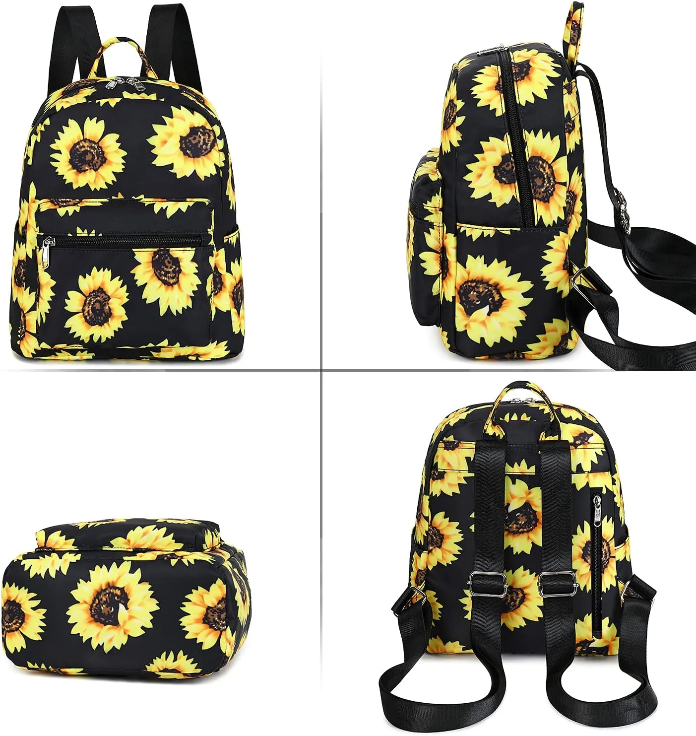 LEDAOU Mini Backpack Girls Cute Small Backpack Purse for Women Teens Kids School Travel Shoulder Purse Bag (Black Sunflower, 1 Pcs)