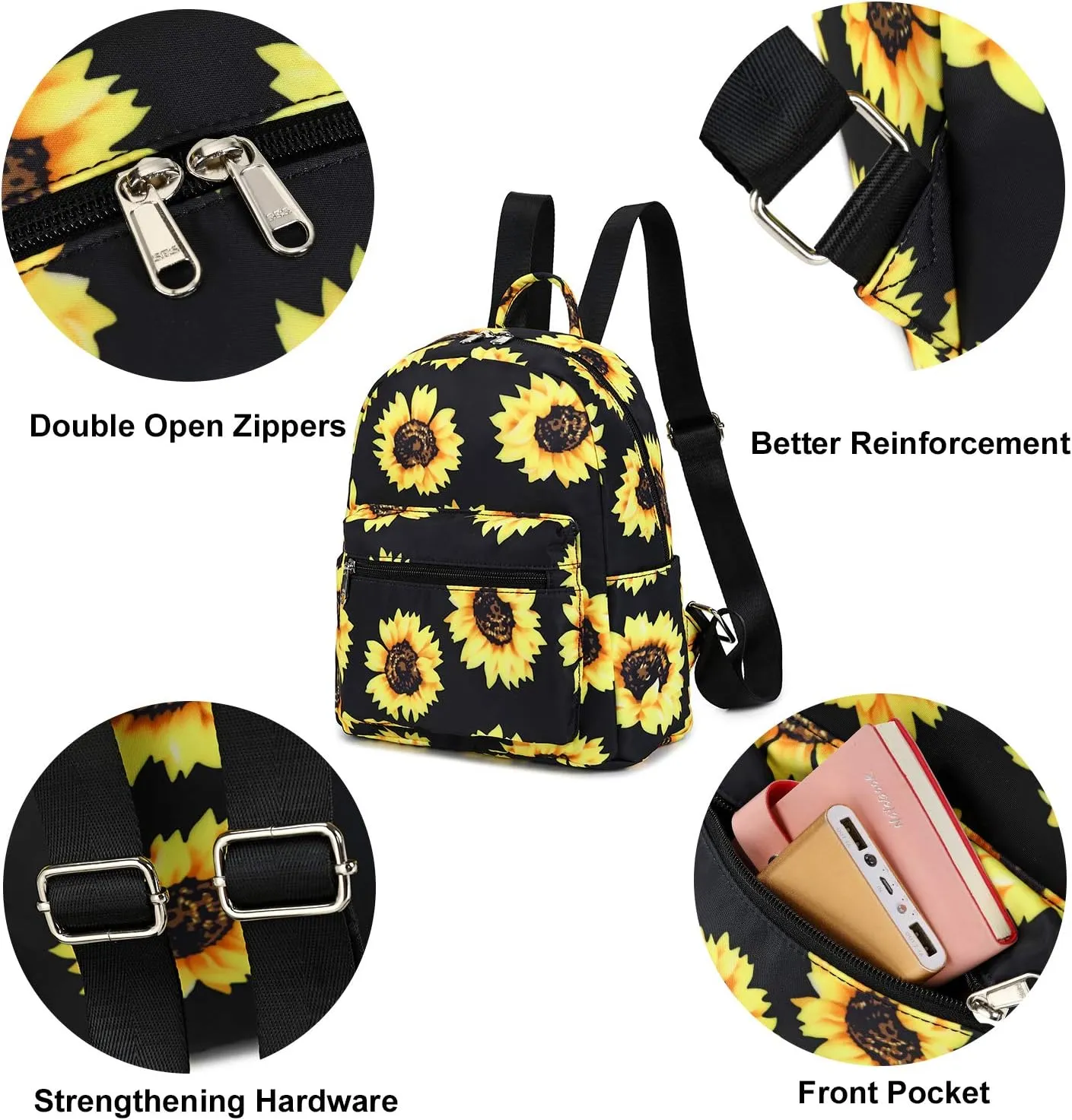 LEDAOU Mini Backpack Girls Cute Small Backpack Purse for Women Teens Kids School Travel Shoulder Purse Bag (Black Sunflower, 1 Pcs)