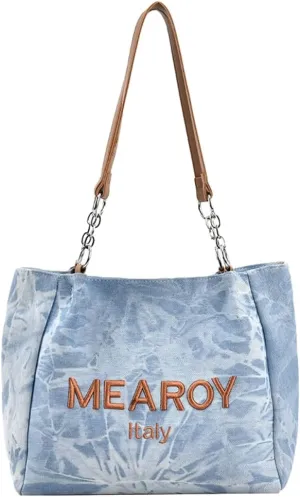 Letter Embroidery Hobo Handbags Trendy Shoulder Bags for Women Two-Tone Denim Shoulder Bags with Large Capacity