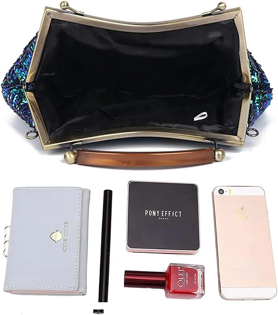 LIFEWISH Women's Unique Luxury Sequins Beaded Evening Bag Wedding Bridal Party Prom Clutch Purse tote Handbag（Peacock blue）