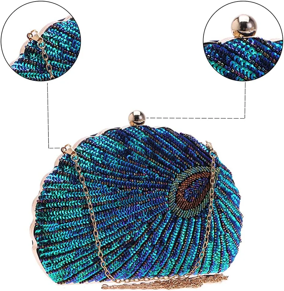 LIFEWISH Women's Unique Luxury Sequins Beaded Evening Bag Wedding Bridal Party Prom Clutch Purse tote Handbag（Peacock blue）