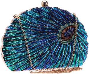 LIFEWISH Women's Unique Luxury Sequins Beaded Evening Bag Wedding Bridal Party Prom Clutch Purse tote Handbag（Peacock blue）