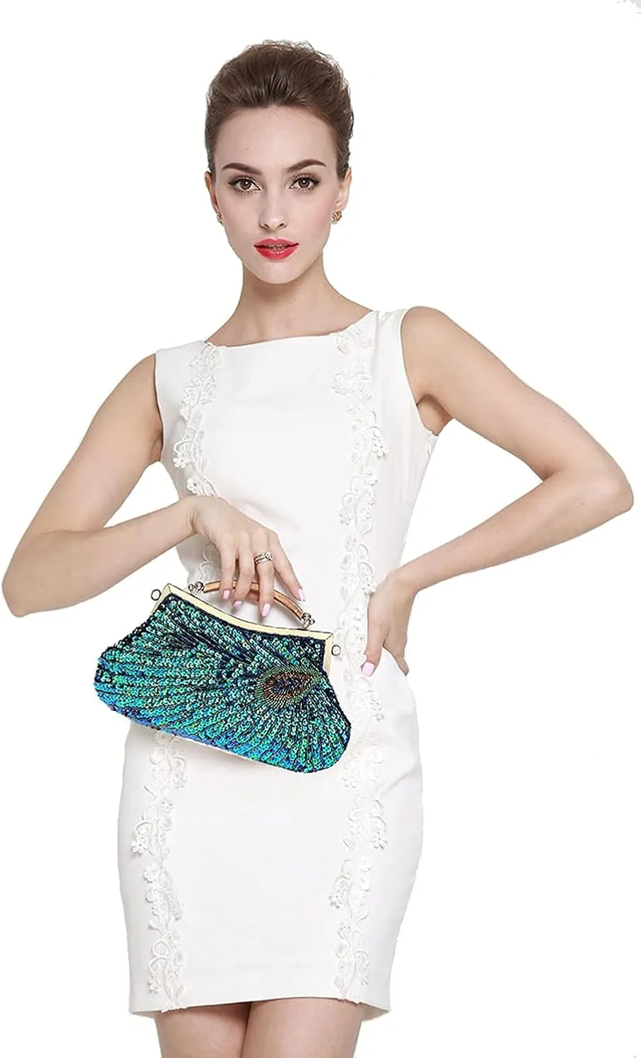 LIFEWISH Women's Unique Luxury Sequins Beaded Evening Bag Wedding Bridal Party Prom Clutch Purse tote Handbag（Peacock blue）