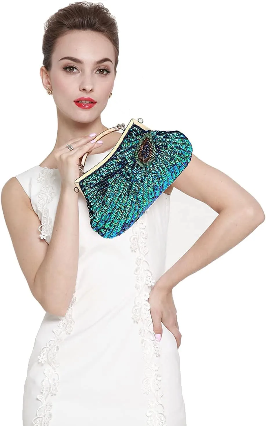 LIFEWISH Women's Unique Luxury Sequins Beaded Evening Bag Wedding Bridal Party Prom Clutch Purse tote Handbag（Peacock blue）