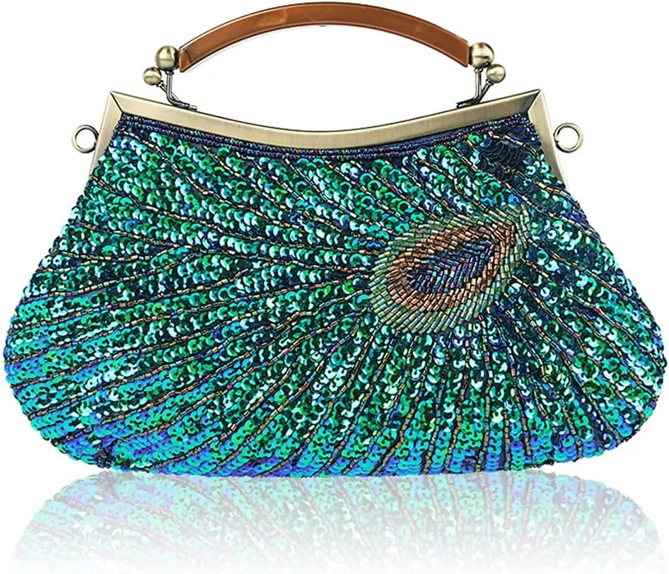 LIFEWISH Women's Unique Luxury Sequins Beaded Evening Bag Wedding Bridal Party Prom Clutch Purse tote Handbag（Peacock blue）