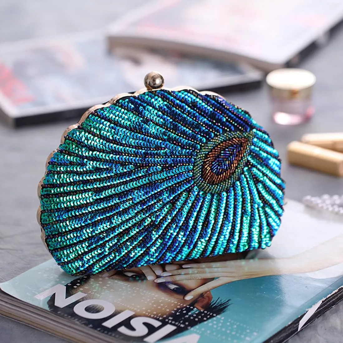 LIFEWISH Women's Unique Luxury Sequins Beaded Evening Bag Wedding Bridal Party Prom Clutch Purse tote Handbag（Peacock blue）