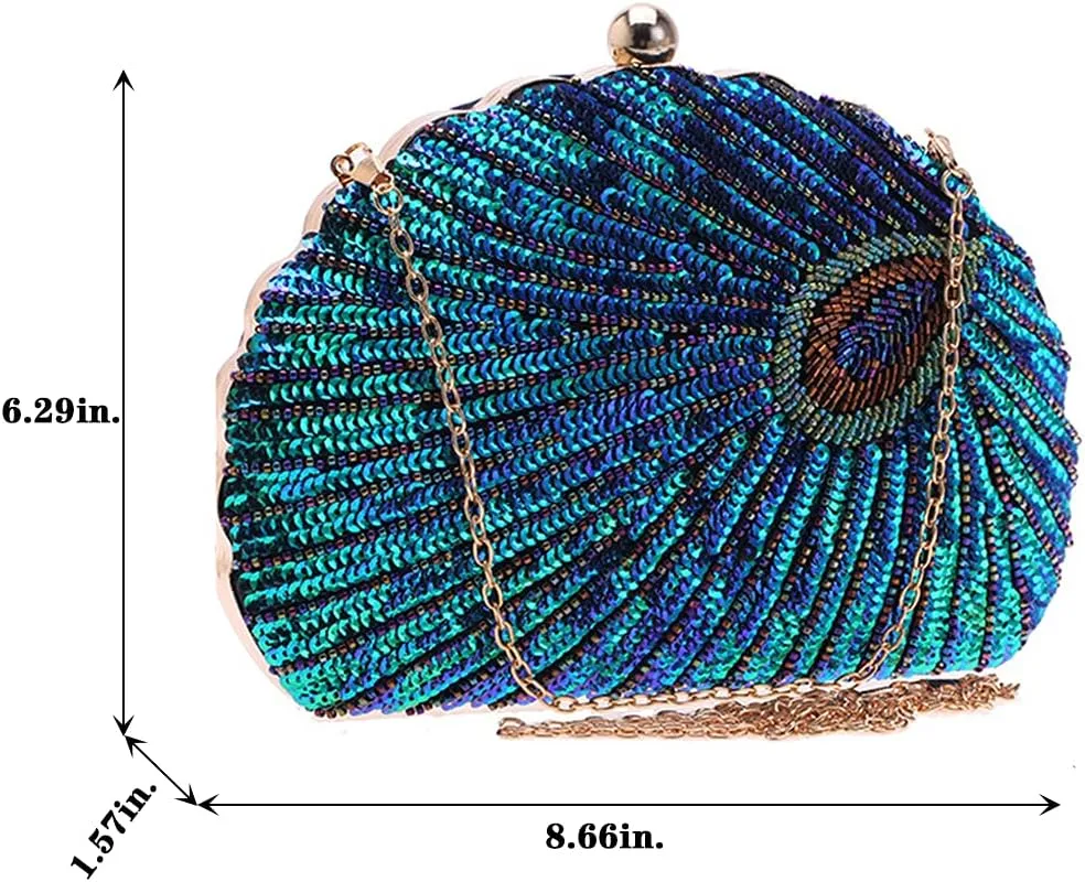 LIFEWISH Women's Unique Luxury Sequins Beaded Evening Bag Wedding Bridal Party Prom Clutch Purse tote Handbag（Peacock blue）