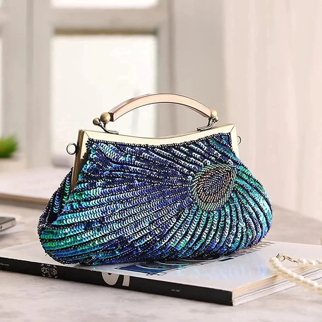LIFEWISH Women's Unique Luxury Sequins Beaded Evening Bag Wedding Bridal Party Prom Clutch Purse tote Handbag（Peacock blue）