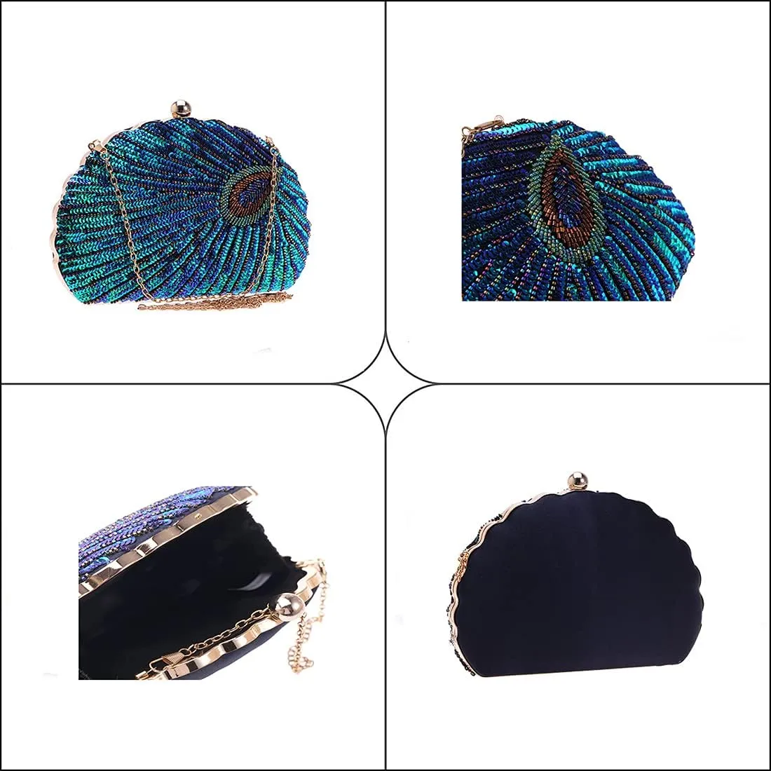 LIFEWISH Women's Unique Luxury Sequins Beaded Evening Bag Wedding Bridal Party Prom Clutch Purse tote Handbag（Peacock blue）