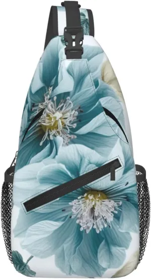 Light Blue Flower Sling Bag Backpack For Men Cross Chest Bag Crossbody Shoulder Bag Travel Hiking Daypack