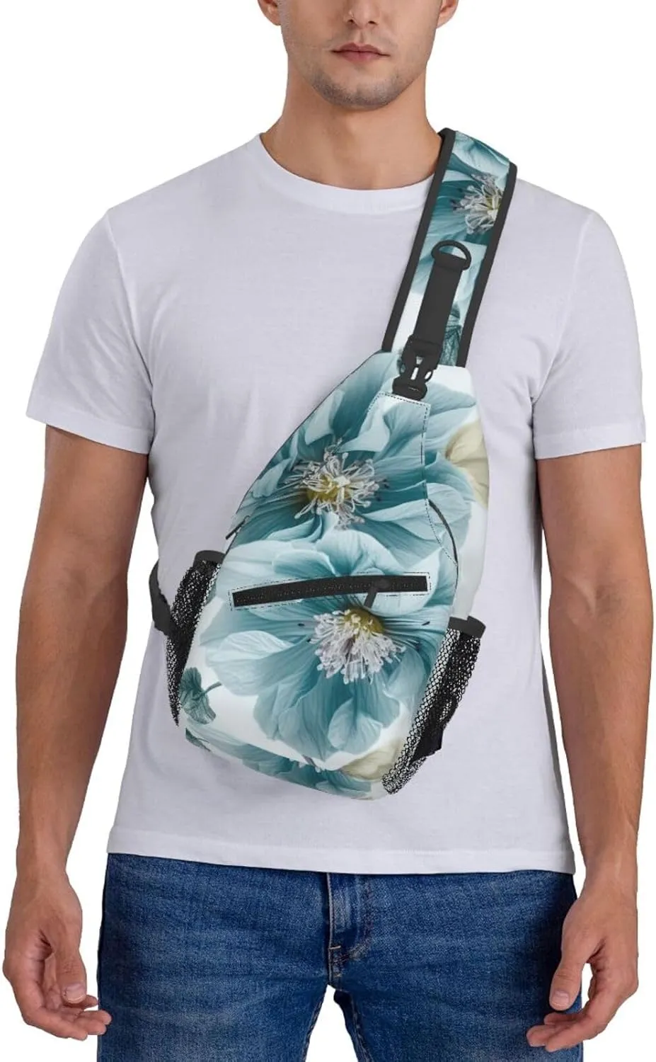 Light Blue Flower Sling Bag Backpack For Men Cross Chest Bag Crossbody Shoulder Bag Travel Hiking Daypack