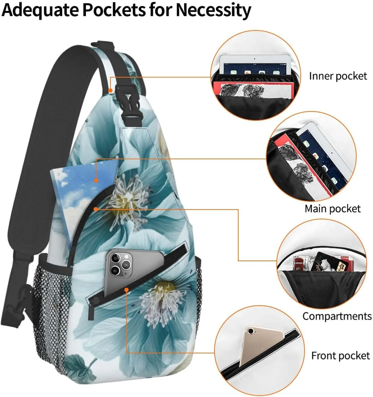 Light Blue Flower Sling Bag Backpack For Men Cross Chest Bag Crossbody Shoulder Bag Travel Hiking Daypack