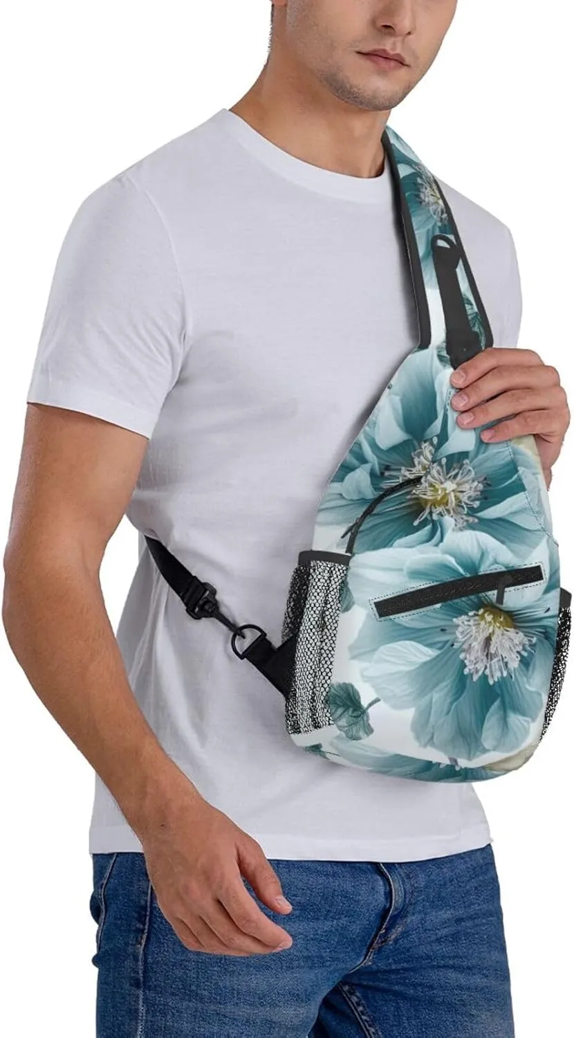 Light Blue Flower Sling Bag Backpack For Men Cross Chest Bag Crossbody Shoulder Bag Travel Hiking Daypack