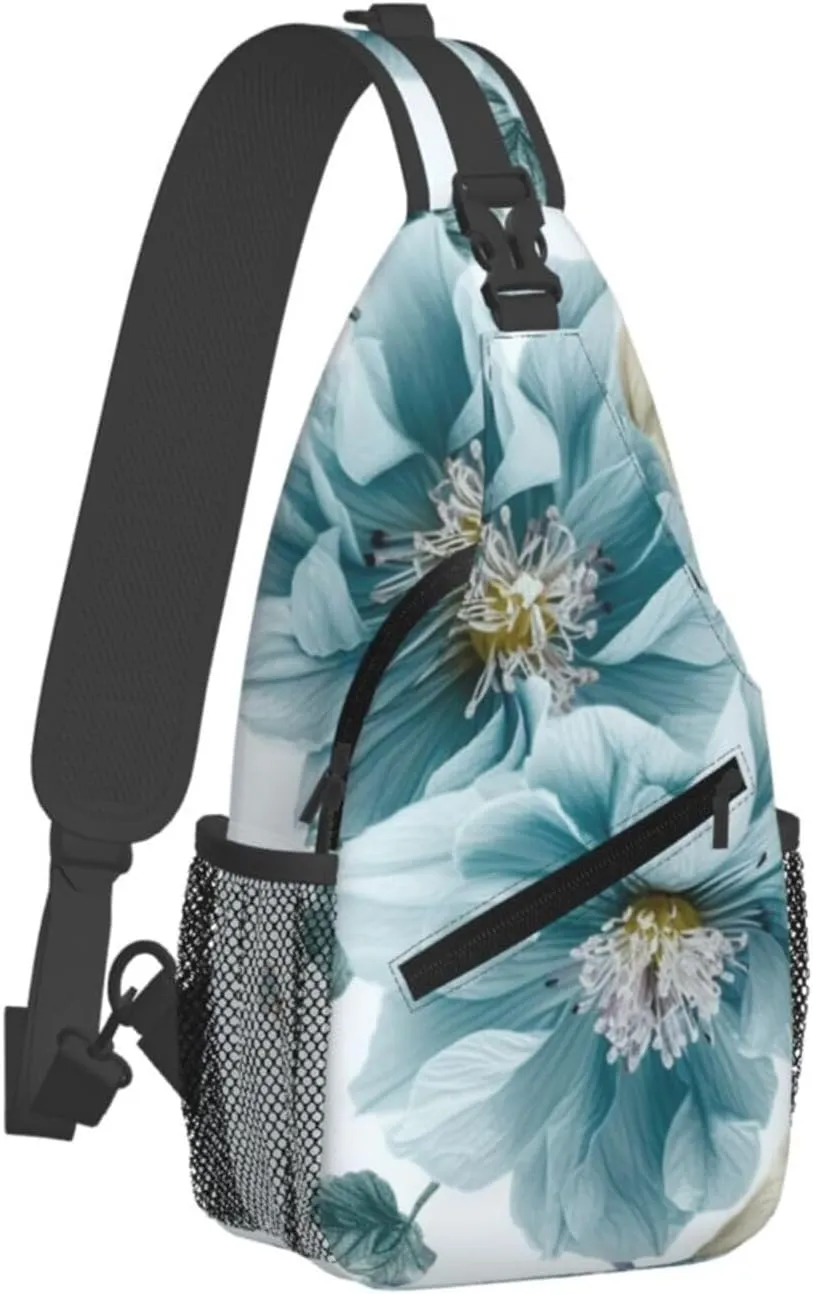 Light Blue Flower Sling Bag Backpack For Men Cross Chest Bag Crossbody Shoulder Bag Travel Hiking Daypack