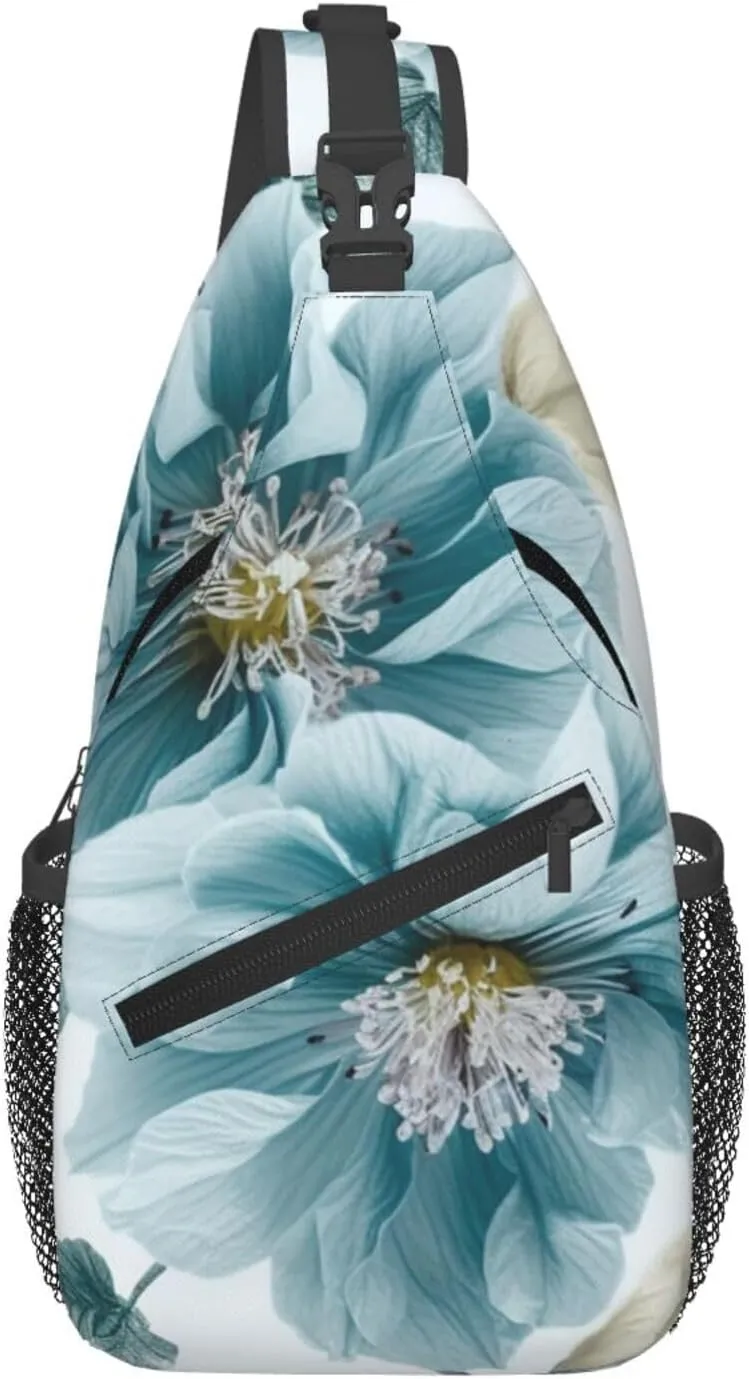 Light Blue Flower Sling Bag Backpack For Men Cross Chest Bag Crossbody Shoulder Bag Travel Hiking Daypack