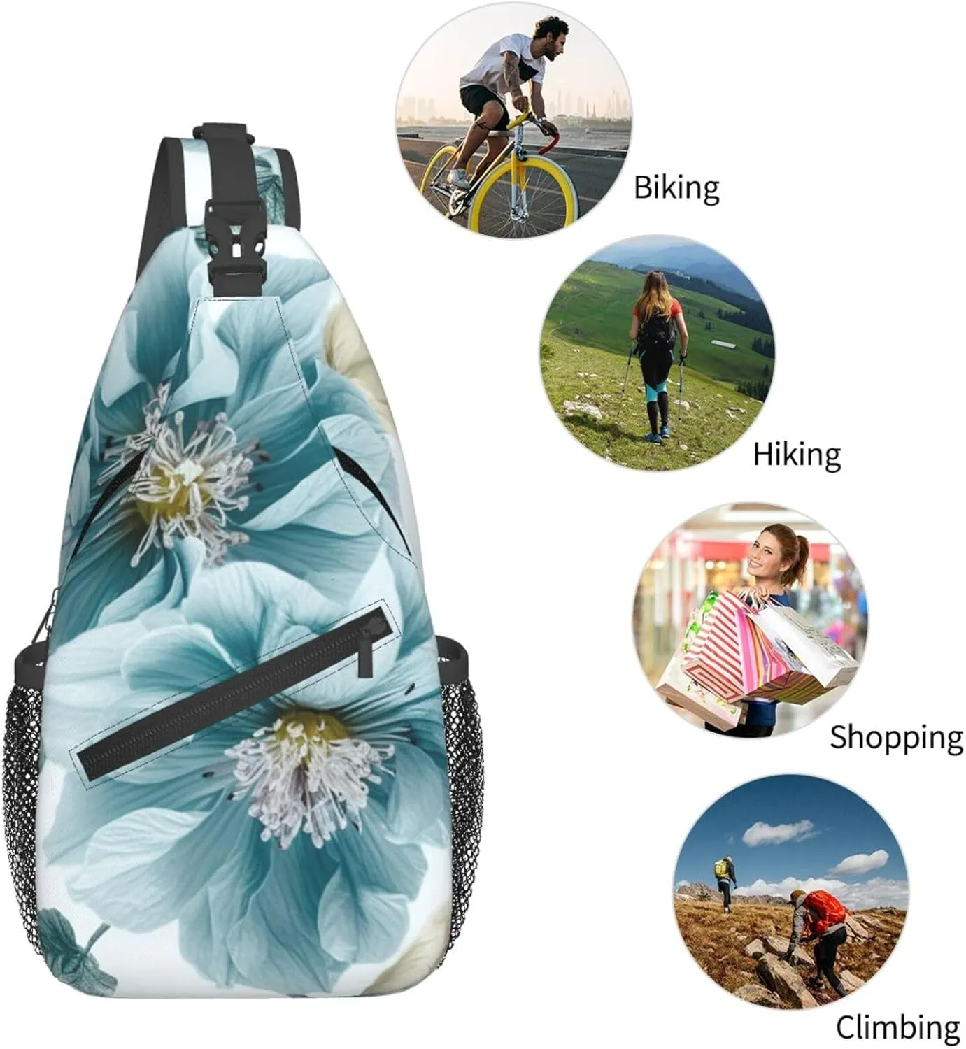 Light Blue Flower Sling Bag Backpack For Men Cross Chest Bag Crossbody Shoulder Bag Travel Hiking Daypack