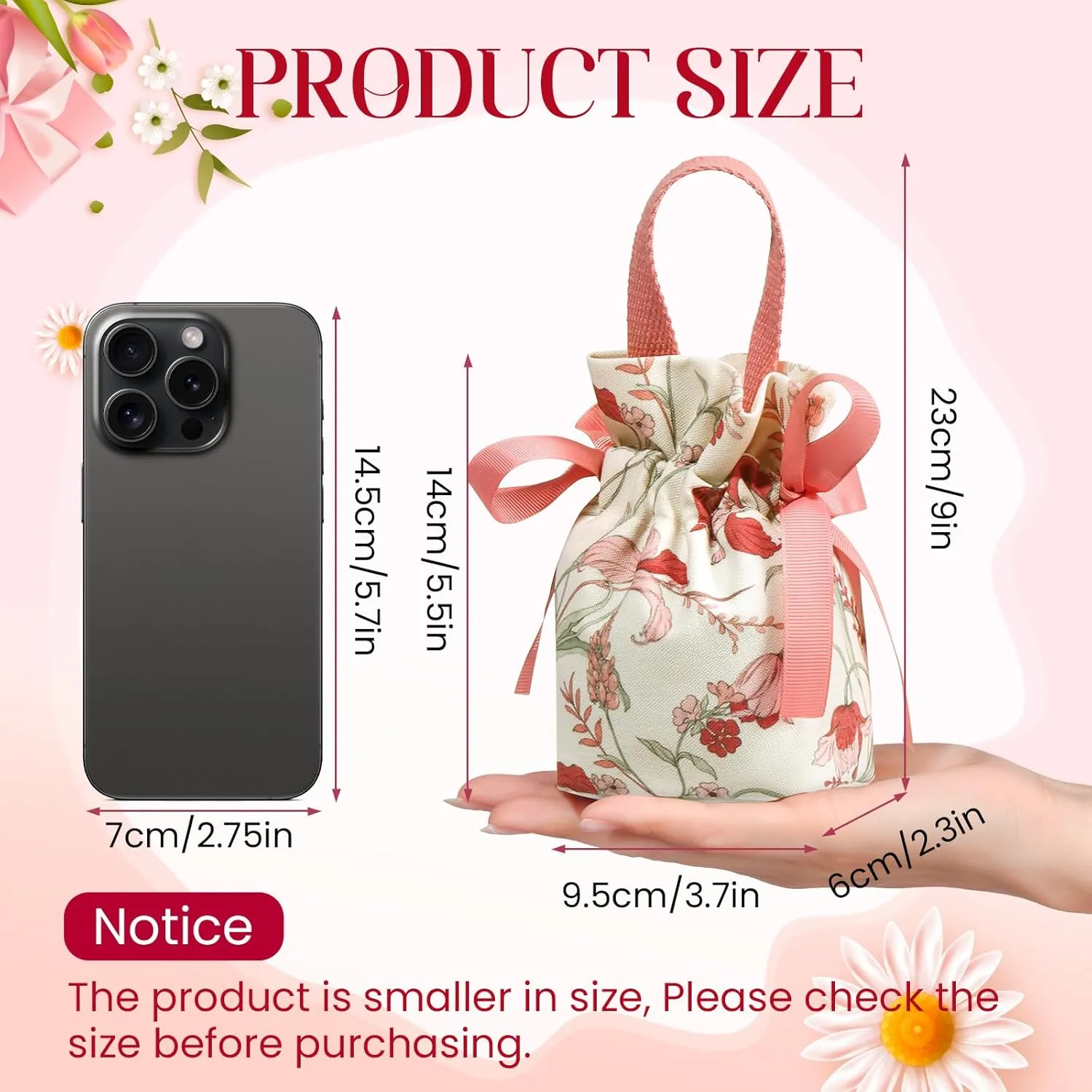 Liobelon 8 Pieces Floral Mini Gift Bags with Handles 14x9.5x6vm/5.5x3.7x2.3inch Canvas Small Candy Bag Tea Party Favor Bags Wedding Favors Boxes for Party, Baby Shower,Bridal Shower (pink)