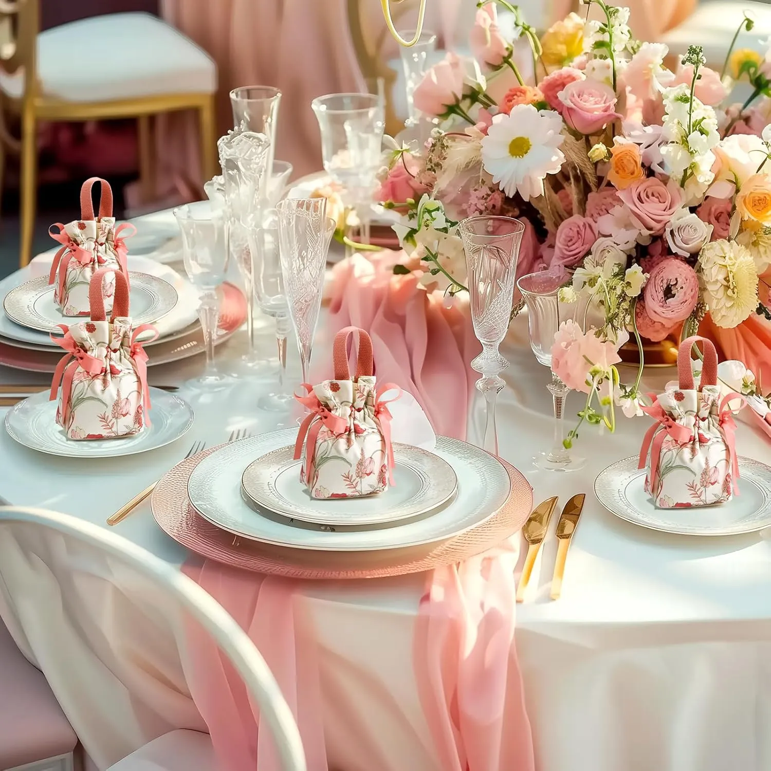 Liobelon 8 Pieces Floral Mini Gift Bags with Handles 14x9.5x6vm/5.5x3.7x2.3inch Canvas Small Candy Bag Tea Party Favor Bags Wedding Favors Boxes for Party, Baby Shower,Bridal Shower (pink)
