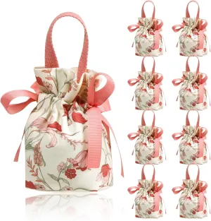 Liobelon 8 Pieces Floral Mini Gift Bags with Handles 14x9.5x6vm/5.5x3.7x2.3inch Canvas Small Candy Bag Tea Party Favor Bags Wedding Favors Boxes for Party, Baby Shower,Bridal Shower (pink)