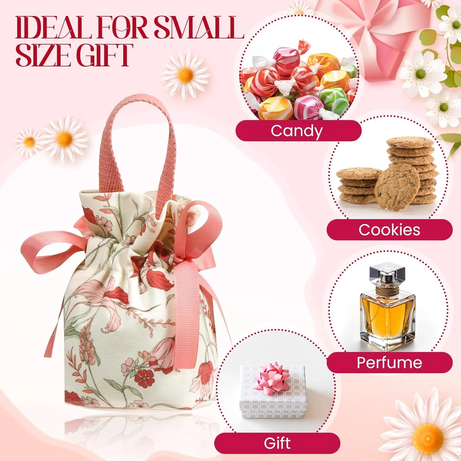 Liobelon 8 Pieces Floral Mini Gift Bags with Handles 14x9.5x6vm/5.5x3.7x2.3inch Canvas Small Candy Bag Tea Party Favor Bags Wedding Favors Boxes for Party, Baby Shower,Bridal Shower (pink)