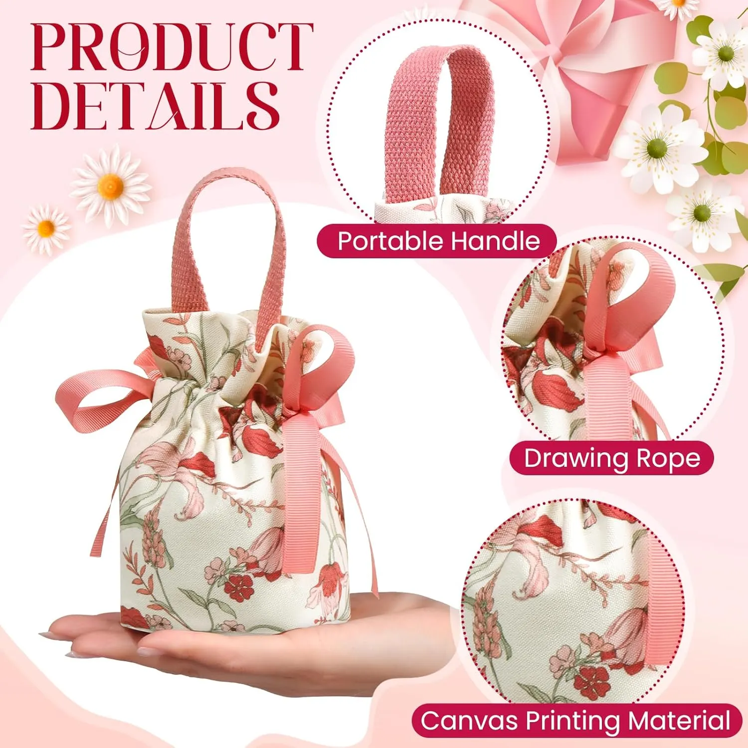 Liobelon 8 Pieces Floral Mini Gift Bags with Handles 14x9.5x6vm/5.5x3.7x2.3inch Canvas Small Candy Bag Tea Party Favor Bags Wedding Favors Boxes for Party, Baby Shower,Bridal Shower (pink)