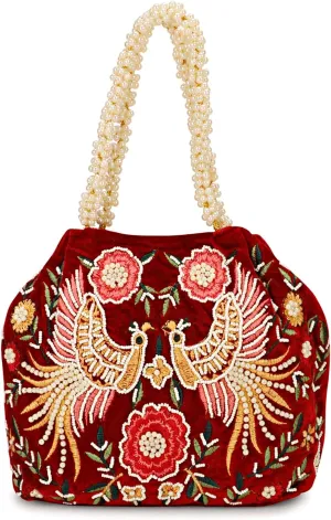LONGING TO BUY Indian Peacock Embrodiery Potli Bag With Both Side Hand Work, Fancy Potli Bag for Women