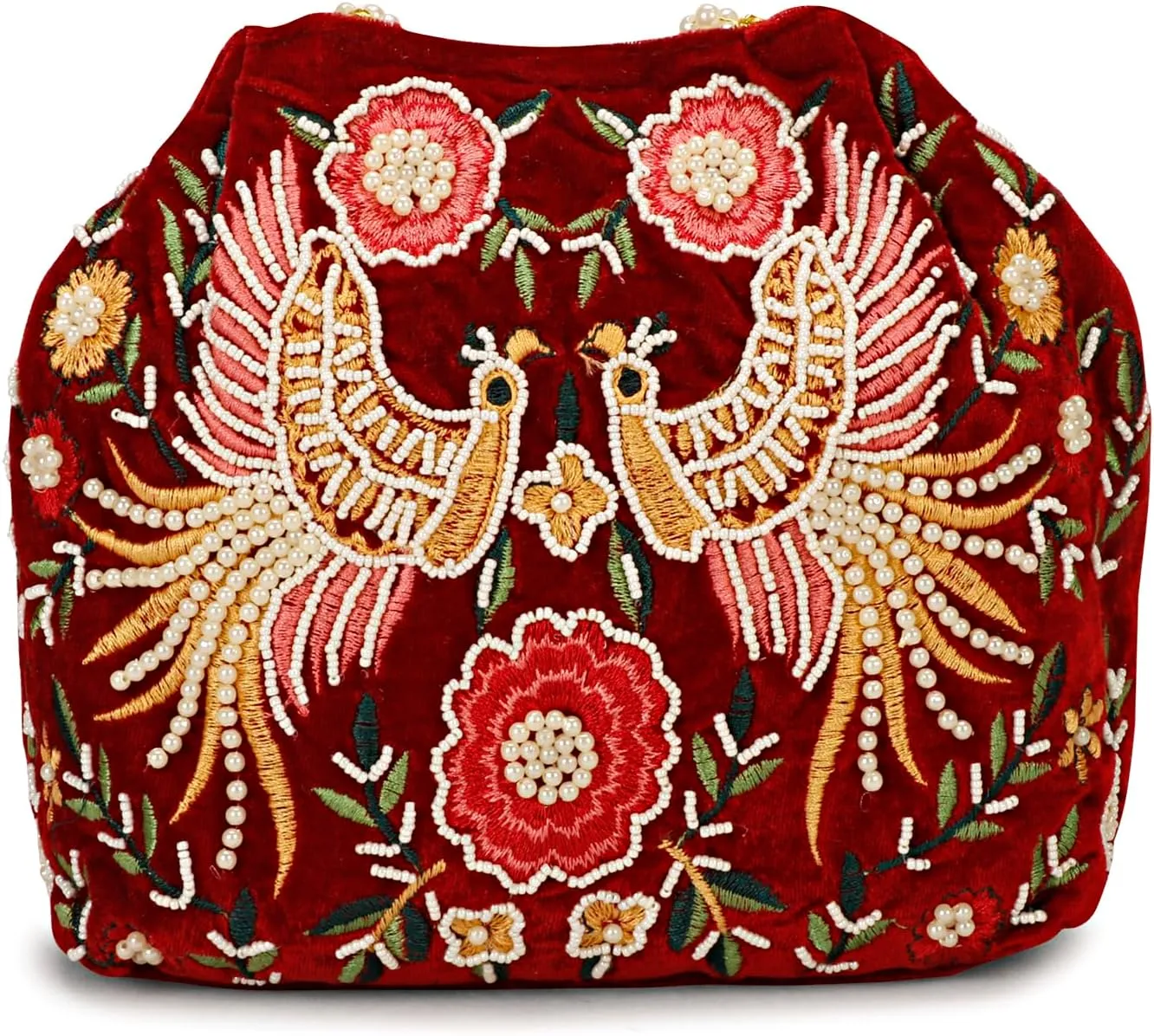 LONGING TO BUY Indian Peacock Embrodiery Potli Bag With Both Side Hand Work, Fancy Potli Bag for Women