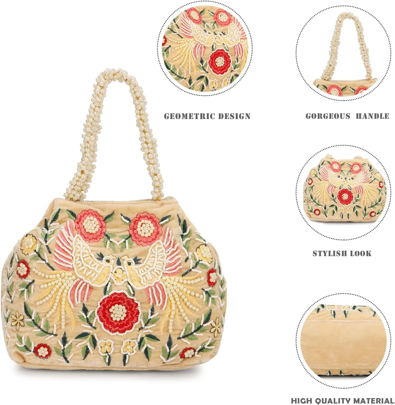 LONGING TO BUY Indian Peacock Embrodiery Potli Bag With Both Side Hand Work, Fancy Potli Bag for Women