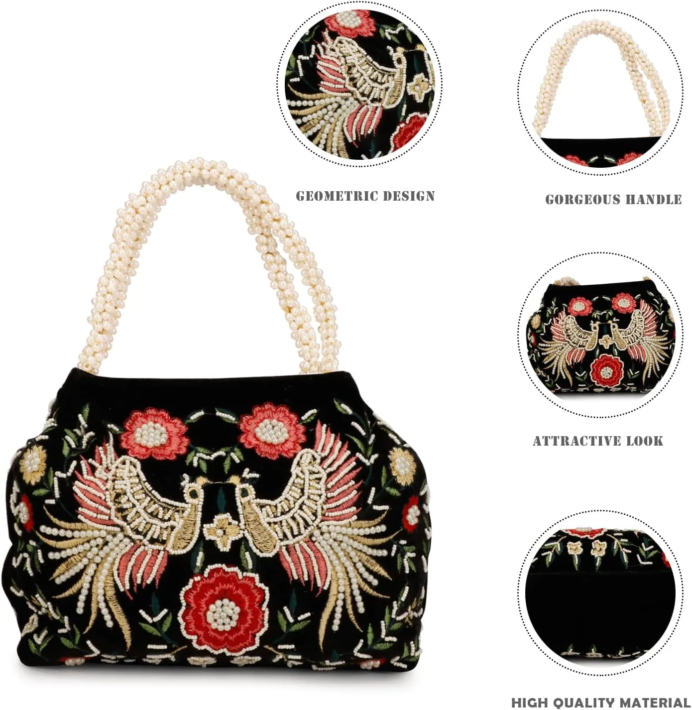 LONGING TO BUY Indian Peacock Embrodiery Potli Bag With Both Side Hand Work, Fancy Potli Bag for Women